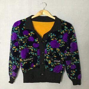 Woman's Multicolor Button Up Floral Design Long Sleeve Collared Cardigan Sweater